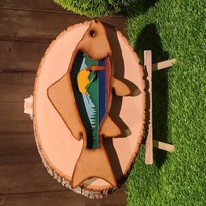 GONE FISHING SCENE - 5 layer laser cut mdf wood, painted, mounted on plaque NWT